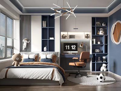 Modern Tatami Bedroom Interior With Bookshelves Desk Chair Chandelier Window Blinds And Soccer Ball 3d model