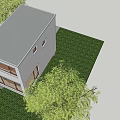 Two Story White Detached House With Large Windows Green Lawn And Trees