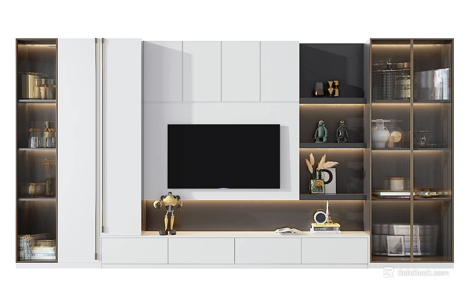 Modern TV Wall Design With White And Dark Cabinets Decorative Items And Green Plant 3d model 