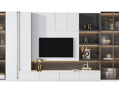 Modern TV Wall Design With White And Dark Cabinets Decorative Items And Green Plant 3d model