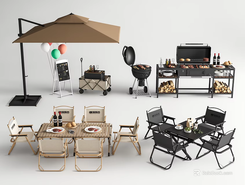 Stylish Outdoor Chairs Patio Dining Set With Umbrella Grill Table Food And Drinks 3d model 