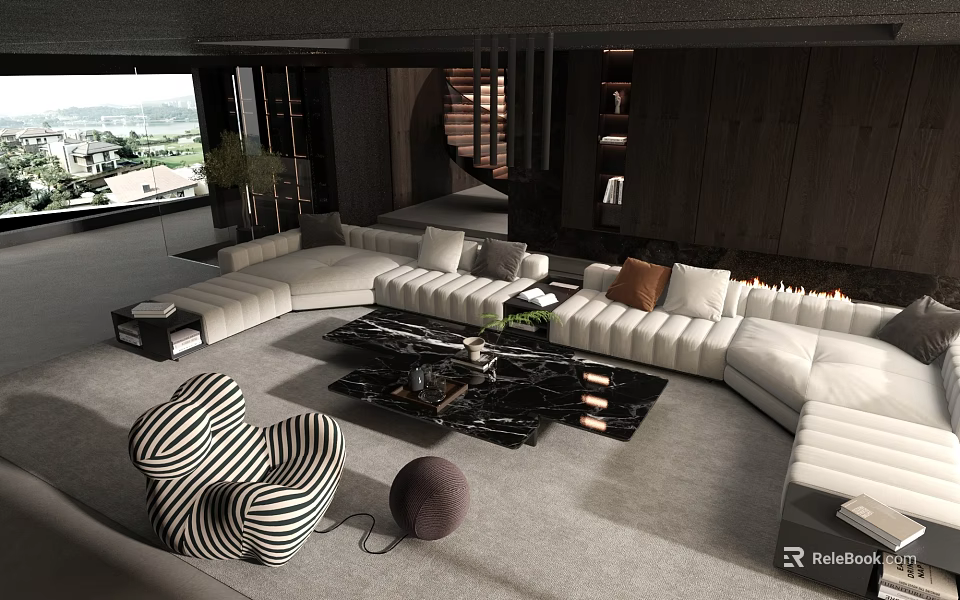 Modern Living Room With Spacious L Shaped Sofa And Marble Coffee Table 3d model 