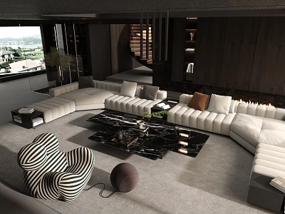 Modern Living Room With Spacious L Shaped Sofa And Marble Coffee Table 3d model