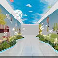 Event Passageway Featuring Blue Ceiling Paper Planes Dandelion Lights Green Plants And Murals