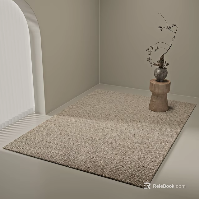 Light Gray Woven Square Area Rug in Light Toned Room with Wooden Pedestal and Vase 3d model 