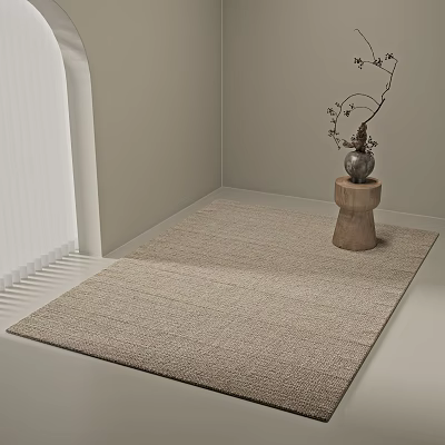 Light Gray Woven Square Area Rug in Light Toned Room with Wooden Pedestal and Vase 3d model