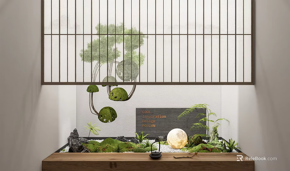 Indoor Landscape With Lattice Screen Small Pine Tree Moss Stones And Round Decoration 3d model