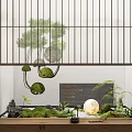 Indoor Landscape With Lattice Screen Small Pine Tree Moss Stones And Round Decoration 3d model