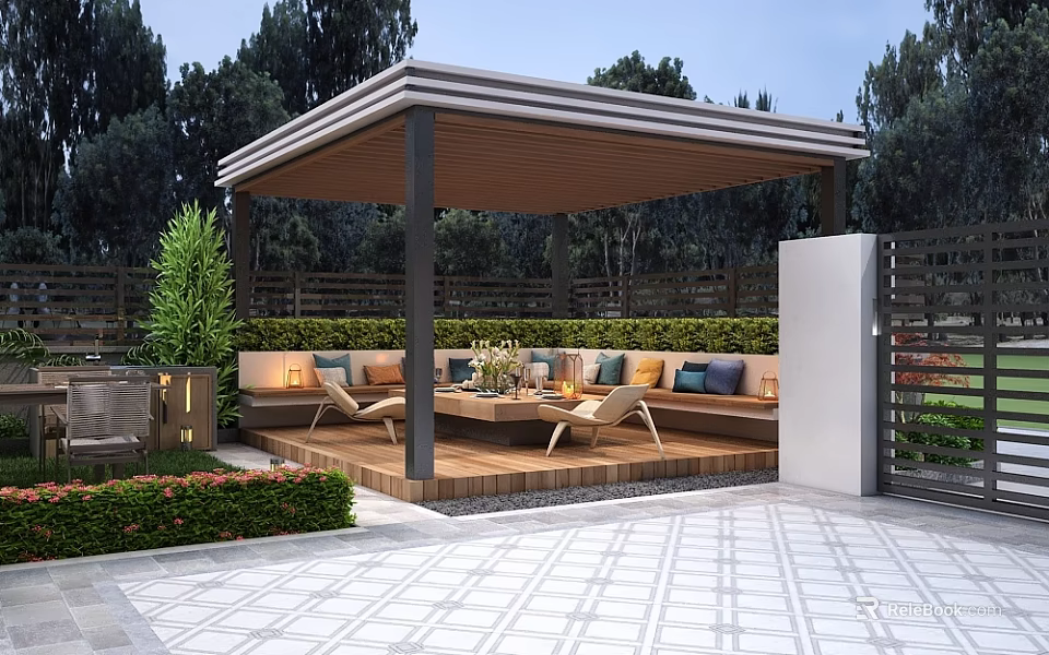 Elegant Garden Landscape With Covered Seating Area Wooden Deck Outdoor Sofas And Greenery 3d model 