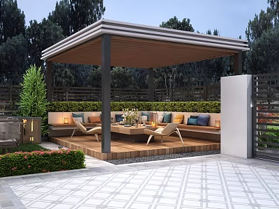 Elegant Garden Landscape With Covered Seating Area Wooden Deck Outdoor Sofas And Greenery 3d model