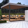 Elegant Garden Landscape With Covered Seating Area Wooden Deck Outdoor Sofas And Greenery