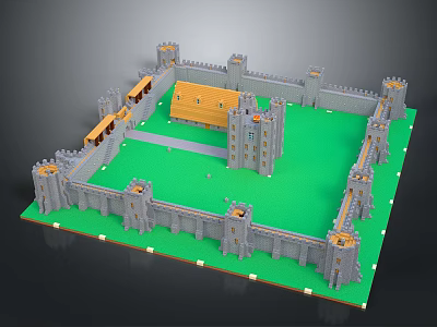 Medieval Castle Architecture With Fortified Walls Stone Towers And Green Courtyard 3d model