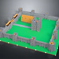 Medieval Castle Architecture With Fortified Walls Stone Towers And Green Courtyard