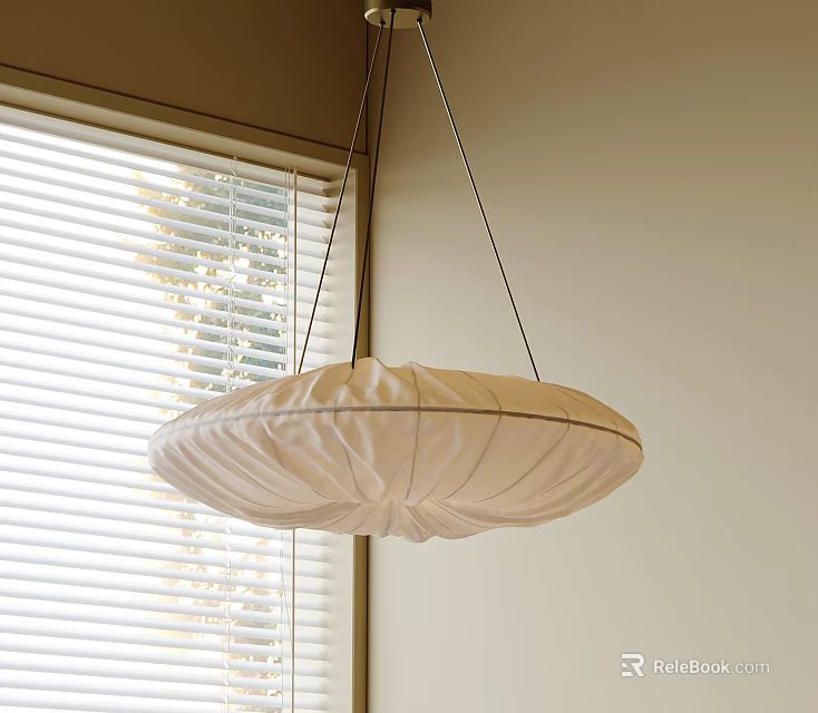 White Round Pleated Pendant Light Hanging By Window Blinds With Natural Light 3d model