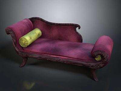 Classic Purple Chaise Lounge with Wooden Frame and Carved Details and Yellow Cylindrical Cushion 3d model