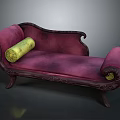 Classic Purple Chaise Lounge with Wooden Frame and Carved Details and Yellow Cylindrical Cushion