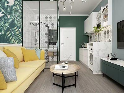 Modern Apartment Interior With Open Living Room Kitchen Yellow Sofa And Coffee Table 3d model