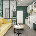 Modern Apartment Interior With Open Living Room Kitchen Yellow Sofa And Coffee Table