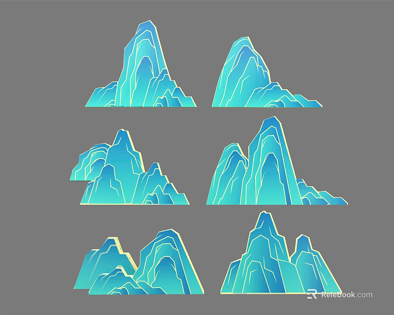 Six Blue Mountain Illustrations In Cartoon Style With Layered Design And Gray Background 3d model 