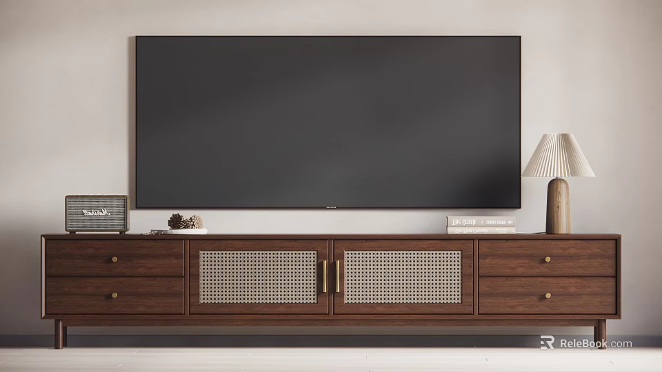 Wooden TV Stand With Lattice Doors Drawers Flat Screen TV And Table Lamp 3d model 