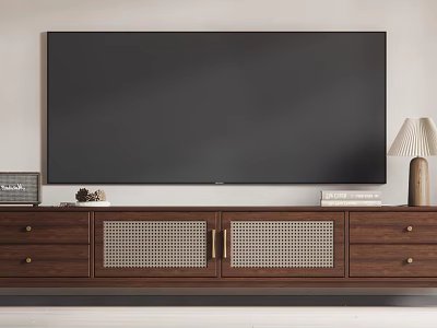 Wooden TV Stand With Lattice Doors Drawers Flat Screen TV And Table Lamp 3d model