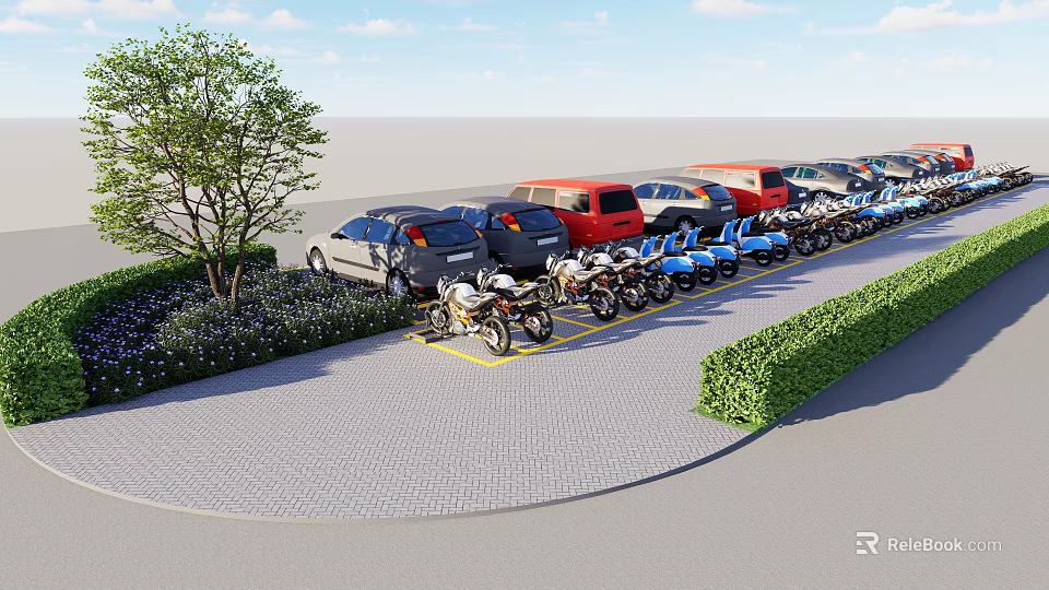 Outdoor Parking Area With Parked Cars Motorcycles Trees Shrubs And Paved Ground 3d model 