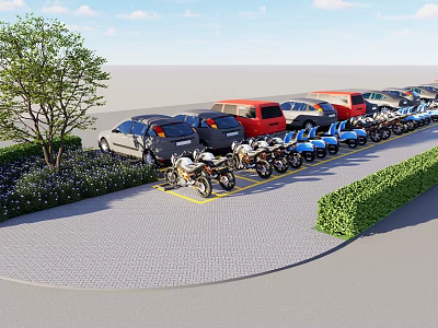 Outdoor Parking Area With Parked Cars Motorcycles Trees Shrubs And Paved Ground 3d model