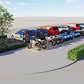 Outdoor Parking Area With Parked Cars Motorcycles Trees Shrubs And Paved Ground