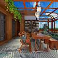 Luxurious Villa Balcony Design With Glass Roof Wooden Dining Table Hanging Lanterns And Green Plants