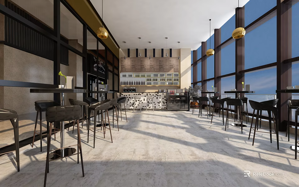 Modern Cafe Interior With Large Windows Hanging Pendant Lights Bar Stools Decorative Wall And Stone Floor 3d model 