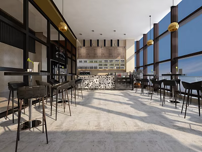 Modern Cafe Interior With Large Windows Hanging Pendant Lights Bar Stools Decorative Wall And Stone Floor 3d model