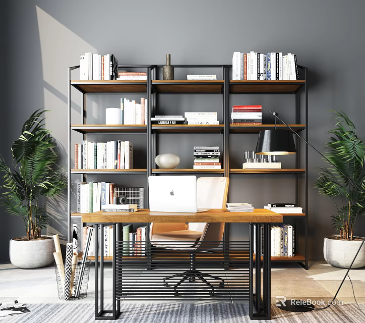 Functional Home Office Desk With Bookshelf Stacked Books Laptop Chair And Potted Plants 3d model 