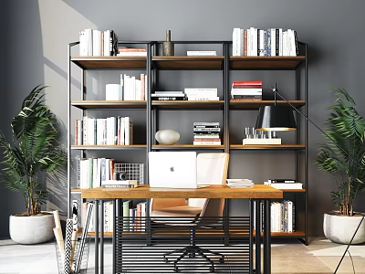Functional Home Office Desk With Bookshelf Stacked Books Laptop Chair And Potted Plants 3d model