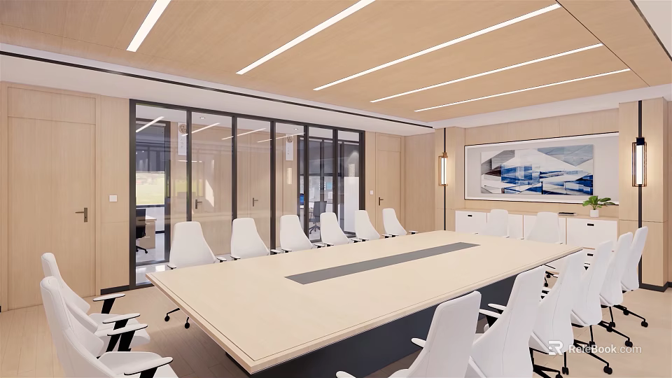 Modern Conference Room Interior With Long Table White Chairs Glass Partitions And Ceiling Lights 3d model 