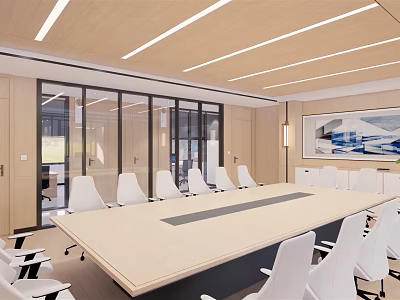 Modern Conference Room Interior With Long Table White Chairs Glass Partitions And Ceiling Lights 3d model