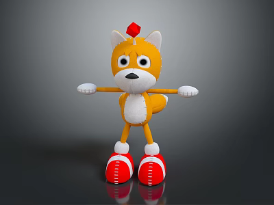Cute Yellow Fox Plush Toy Character With Red Head Decoration And Red Shoes Standing On Dark Background 3d model