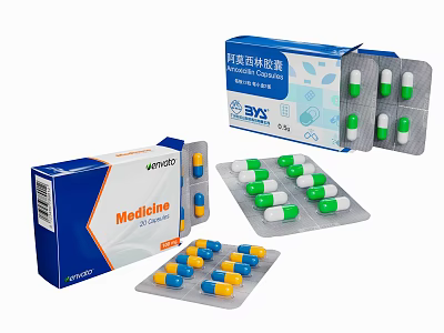 Medical Supplies Featuring Open Blister Packs And Different Colored Capsules 3d model