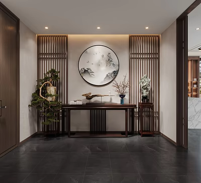 Traditional Chinese Foyer Hallway With Lattice Panels Round Landscape Painting And Dark Wooden Console Table 3d model