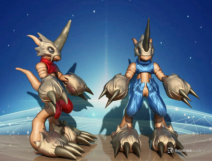 Colorful Mythical Creature Dolls With Horns Claws Red Blue Outfits And Starry Background 3d model 