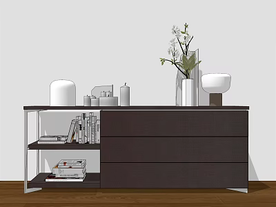 Modern Dark Wood Console Table with Drawers Shelves Books Vase and Decorations 3d model