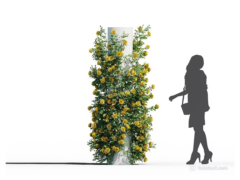Lush Green Foliage and Yellow Flowers Covering White Pillar with Woman Silhouette 3d model 