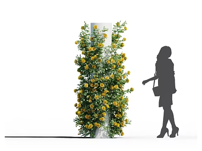 Lush Green Foliage and Yellow Flowers Covering White Pillar with Woman Silhouette 3d model