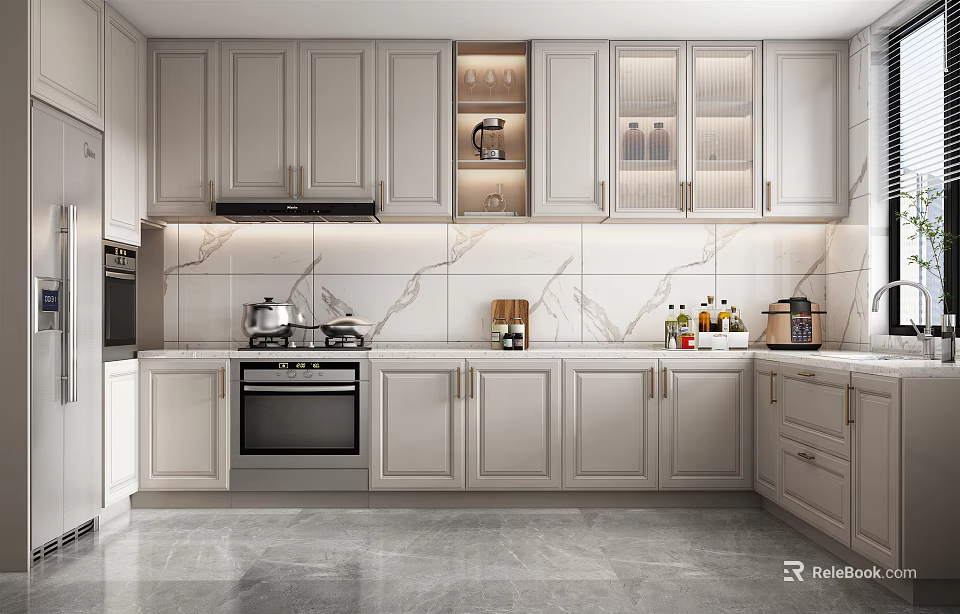 Modern Open Kitchen Interior Design With Island Counter Marble Cabinets And Appliances 3d model 