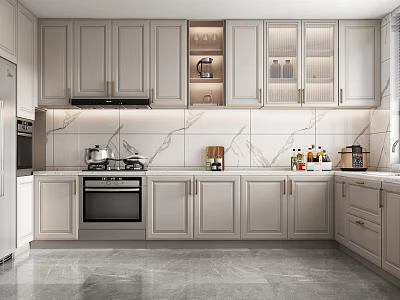 Modern Open Kitchen Interior Design With Island Counter Marble Cabinets And Appliances 3d model