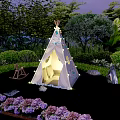 Cute Tipi Tent with Decorative Lights Windows in Garden Grass and Children Toys Day Night