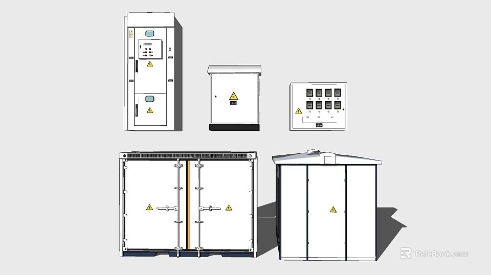 Industrial Electrical Control Equipment With Various Cabinets Panels And Warning Signs 3d model 