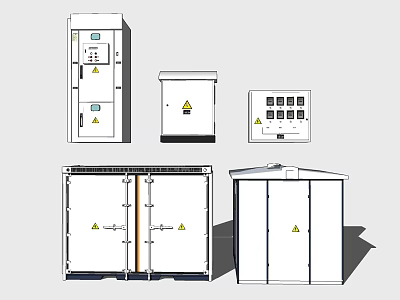 Industrial Electrical Control Equipment With Various Cabinets Panels And Warning Signs 3d model