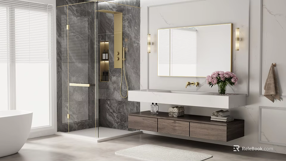 Modern Bathroom Interior with Glass Shower Marble Vanity Gold Accents and Flower Vase 3d model 