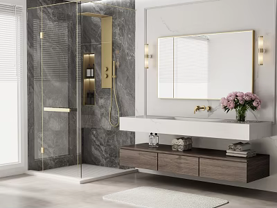 Modern Bathroom Interior with Glass Shower Marble Vanity Gold Accents and Flower Vase 3d model