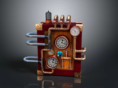 Steampunk Style Equipment With Brass Pipes Multiple Gauges Wooden Frame And Small Black Chimney 3d model